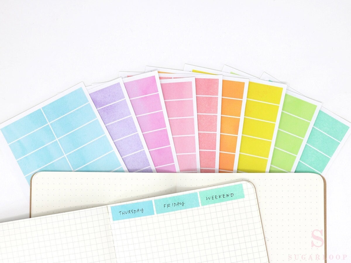 Watercolor Wash Quarter Box Flag Label Bujo Planner Stickers: 0.5in (12 mm) Tall