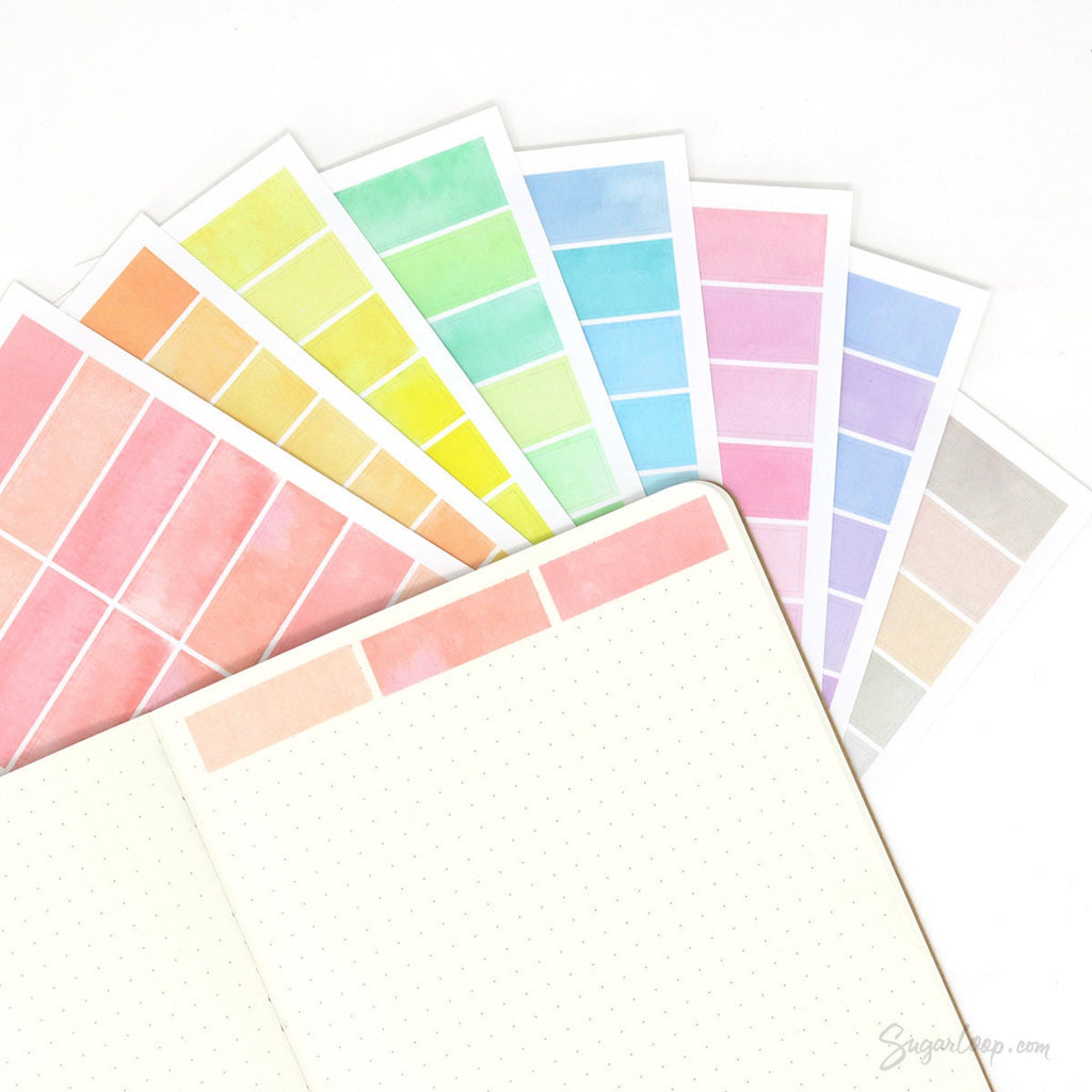 Watercolor Wash Quarter Box Flag Label Bujo Planner Stickers: 0.5in (12 mm) Tall