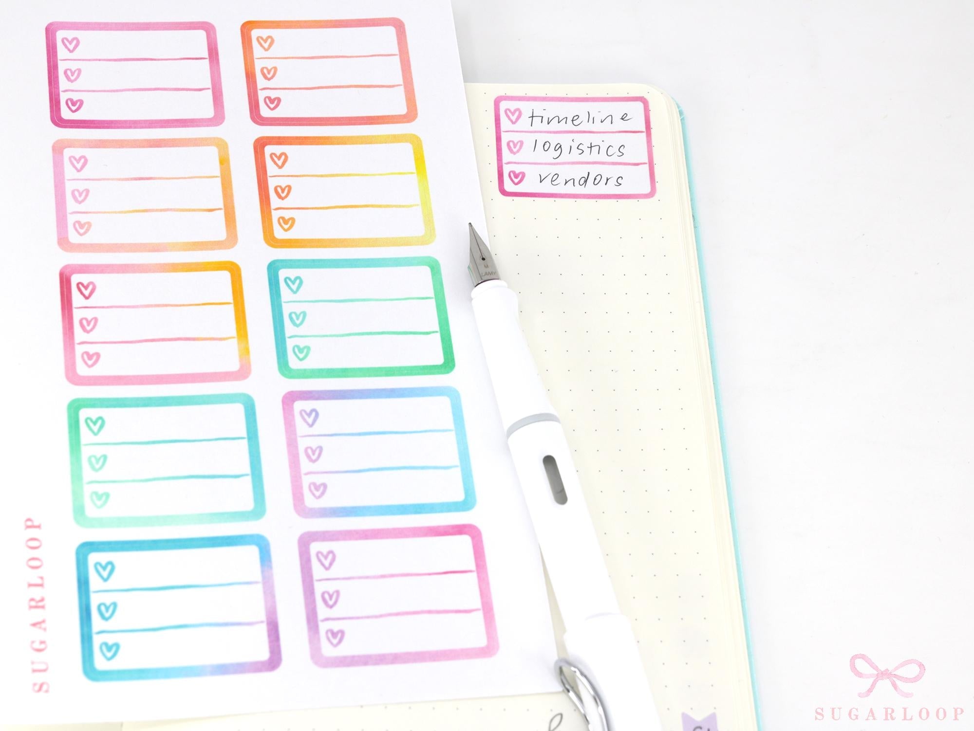 Heart Checklist Label Bujo Planner Stickers: Rainbow