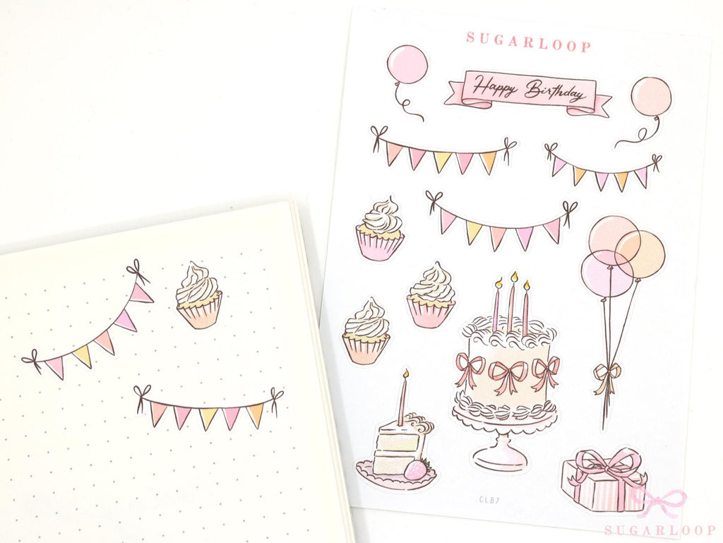 Birthday Planner Bujo Journal Deco Stickers – Cute Doodle – Cake  Balloons  Gifts  Bunting  Diaries  CLB7
