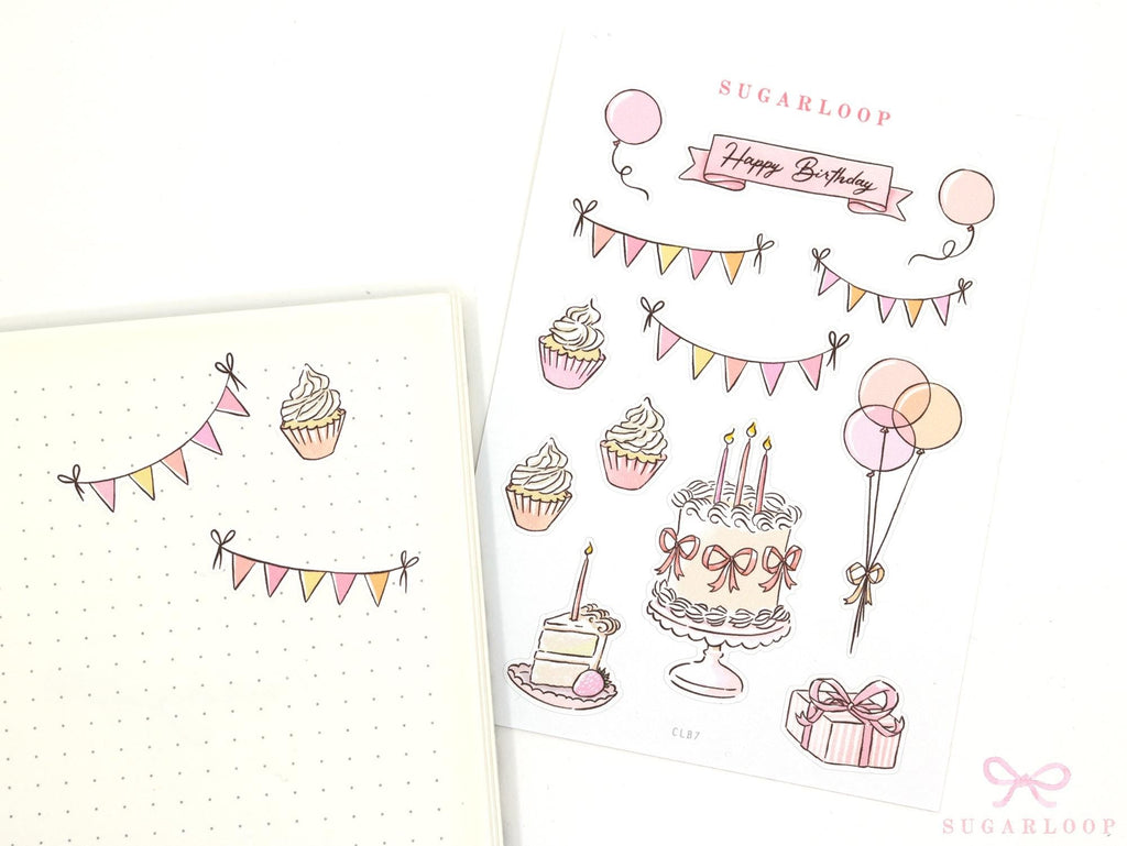 Birthday Planner Bujo Journal Deco Stickers – Cute Doodle – Cake  Balloons  Gifts  Bunting  Diaries  CLB7
