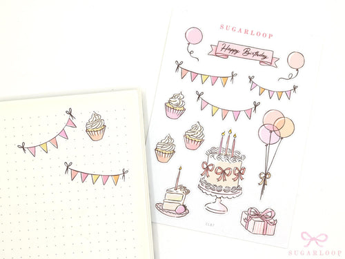 Birthday Planner Bujo Journal Deco Stickers – Cute Doodle – Cake  Balloons  Gifts  Bunting  Diaries  CLB7