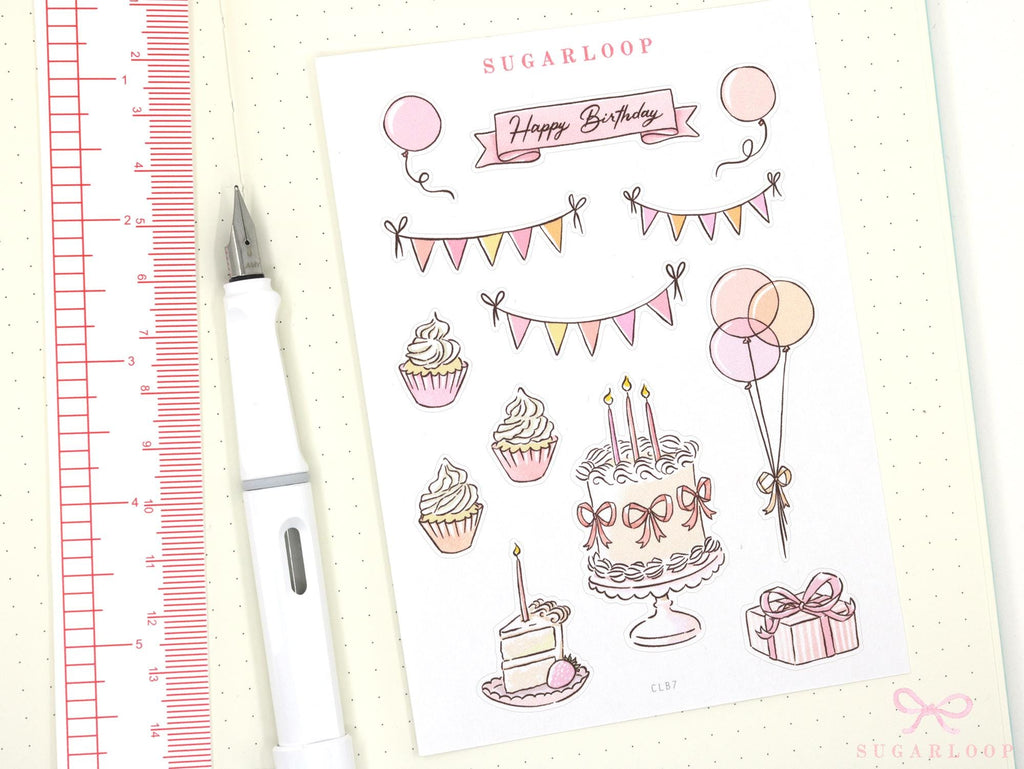 Birthday Planner Bujo Journal Deco Stickers – Cute Doodle – Cake  Balloons  Gifts  Bunting  Diaries  CLB7