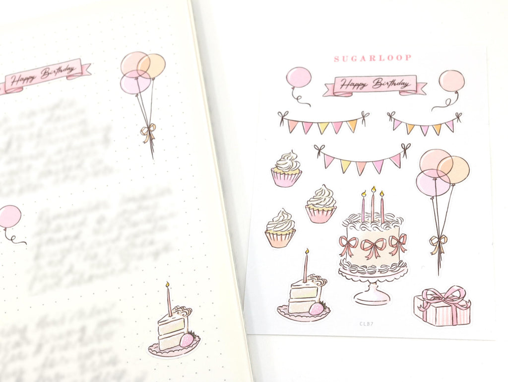 Birthday Planner Bujo Journal Deco Stickers – Cute Doodle – Cake  Balloons  Gifts  Bunting  Diaries  CLB7