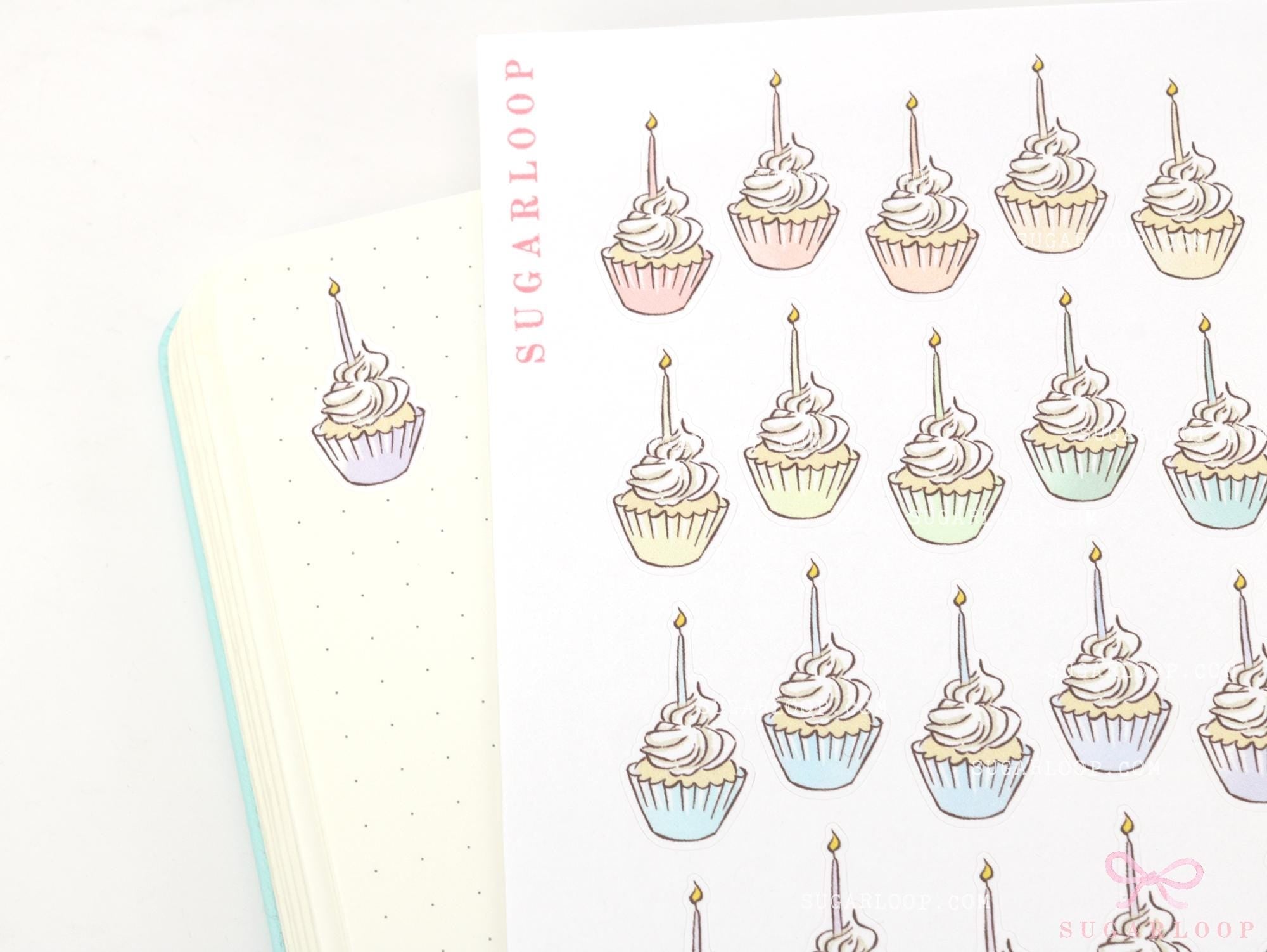Cute Birthday Cupcake with Candle Reminder Stickers for Planners