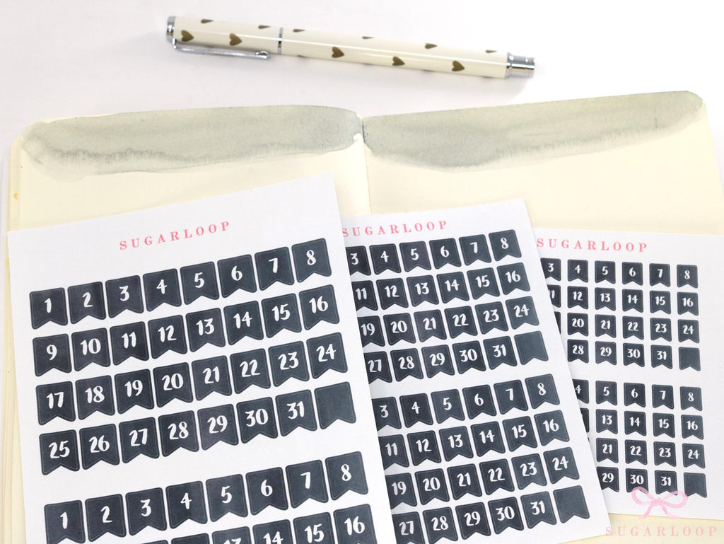 Ink Wash Date Flag Planner & Journal Stickers: 0.25 in (6 mm)-0.5 in (10mm)