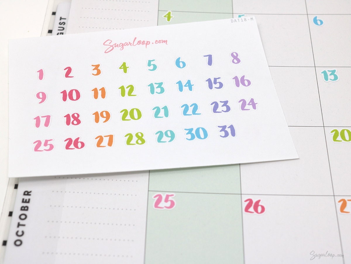 Multicolor Handlettered Date Bujo Planner Stickers: Various Sizes
