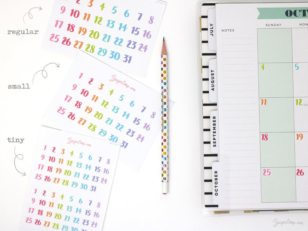 Multicolor Handlettered Date Bujo Planner Stickers: Various Sizes