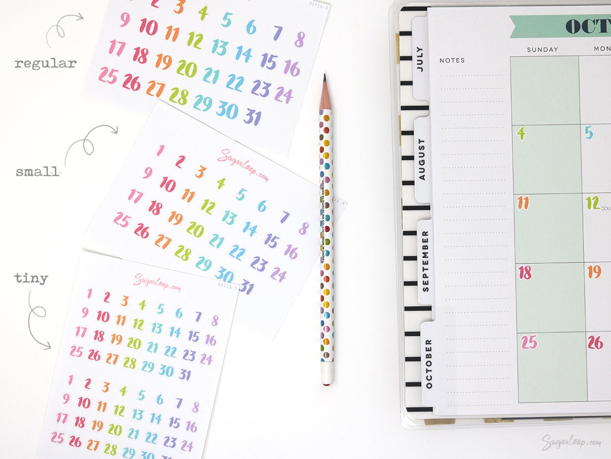 Multicolor Handlettered Date Bujo Planner Stickers: Various Sizes