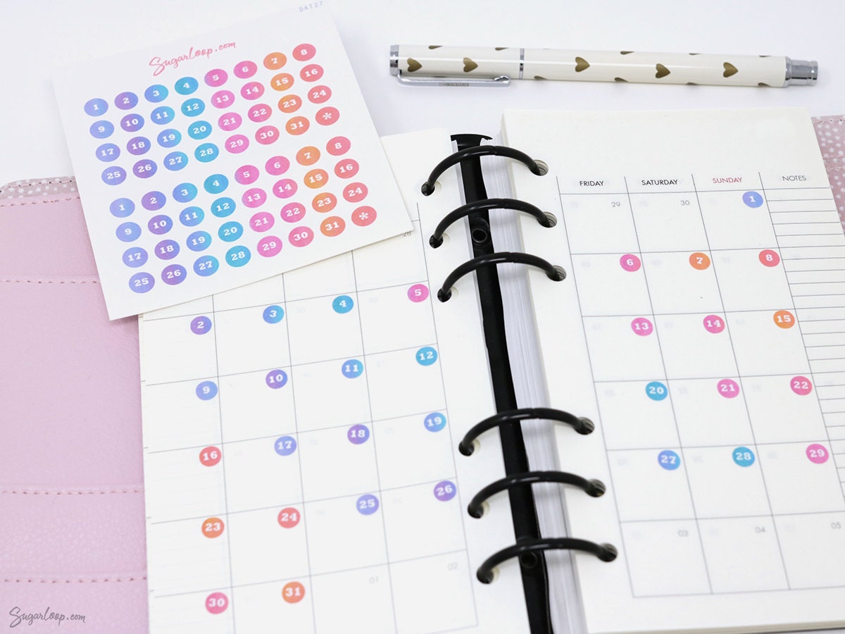 Watercolor Wash Mini Date Dot Bujo Planner Stickers: 0.25 in (6 mm)