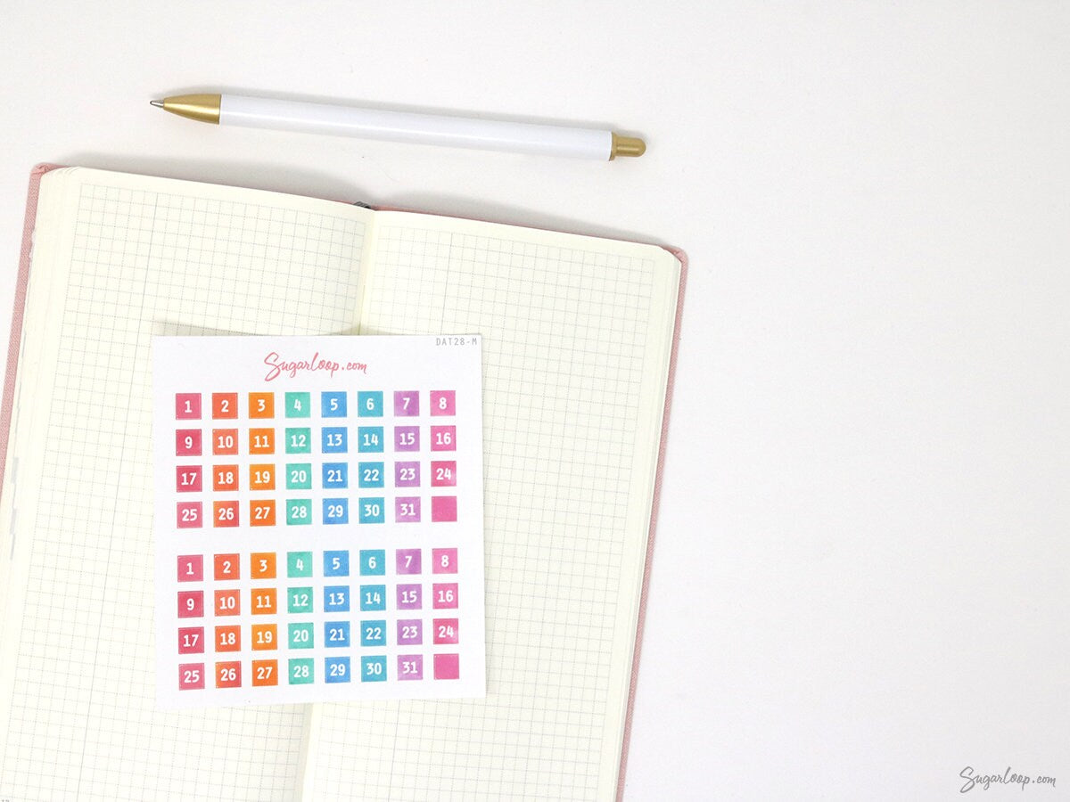 Watercolor Square Date Bujo Planner Stickers: 0.25in (6 mm)
