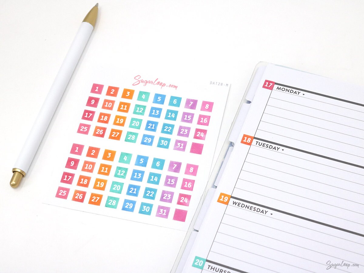 Watercolor Square Date Bujo Planner Stickers: 0.25in (6 mm)