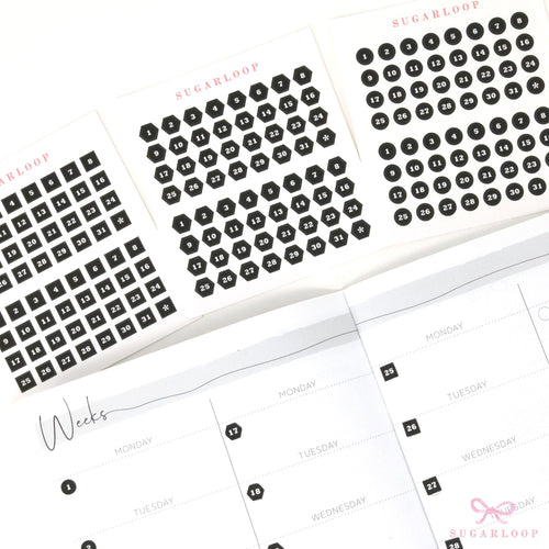 Black and White Mini Date Dot Bujo Planner Stickers: 0.25in (6 mm)