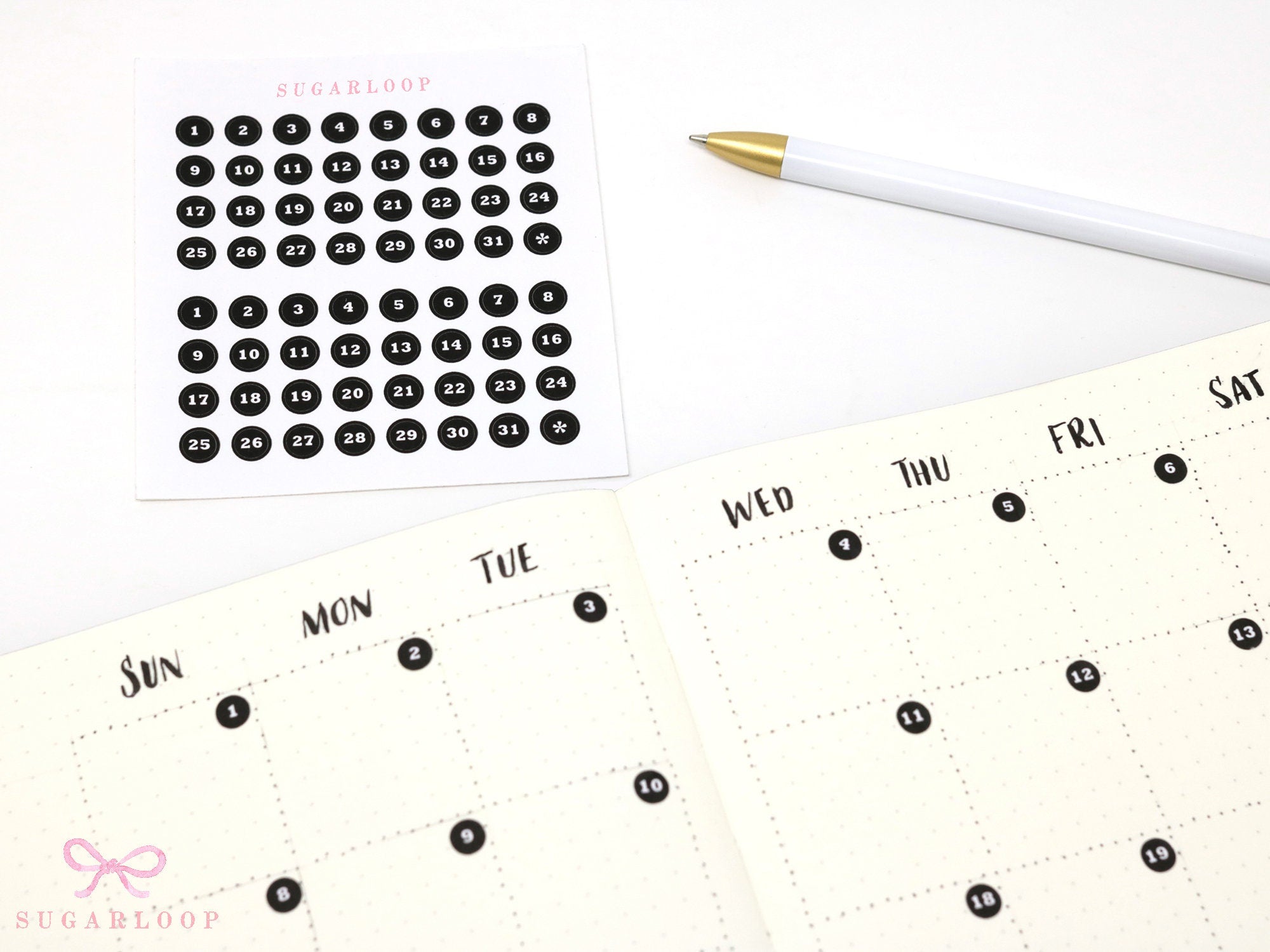 Black and White Mini Date Dot Bujo Planner Stickers: 0.25in (6 mm)