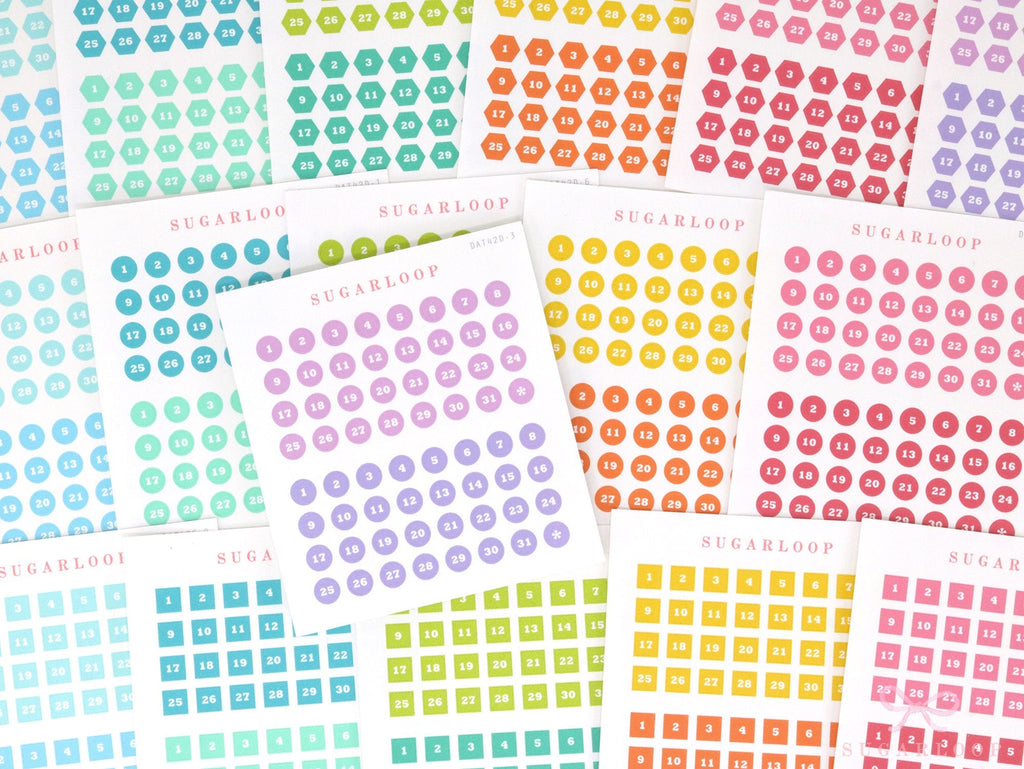 Bundle - One Year's Worth of Date Stickers - Choice of Dot Hexagon or Square