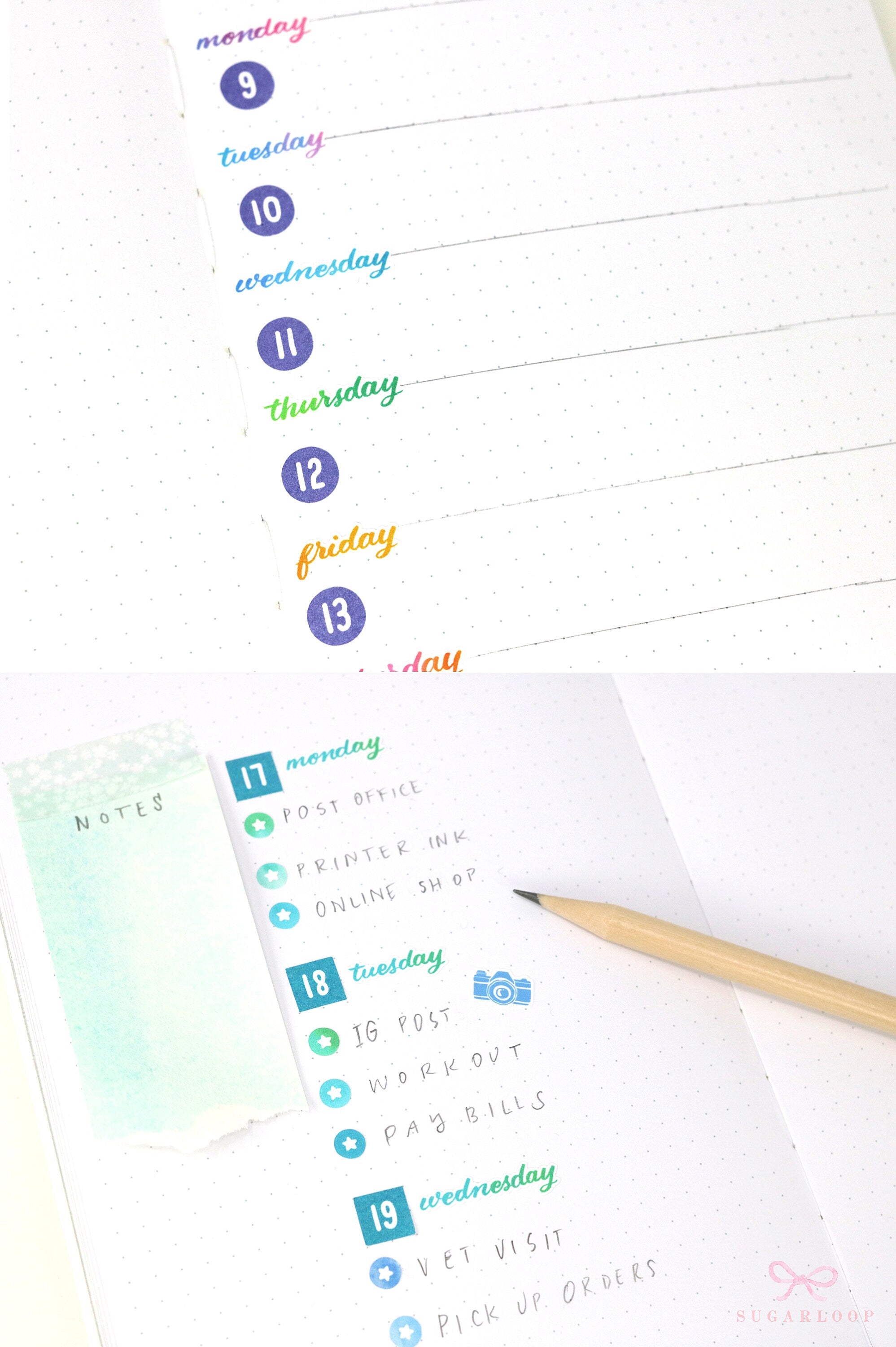 Date Dot Flag Hexagon Handwritten Bujo Planner Stickers: 0.375 in 1 cm 10 mm