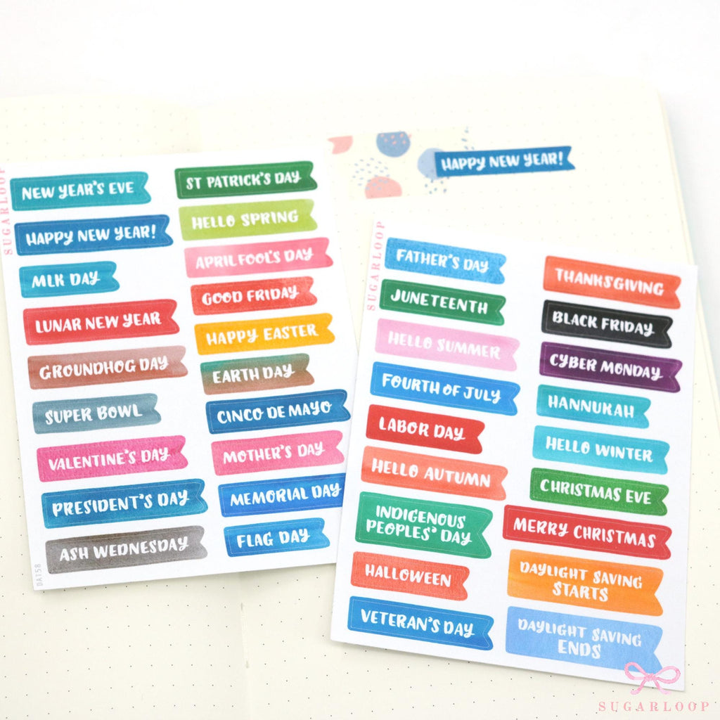 US holiday planner stickers with federal holidays, seasonal events and celebrations