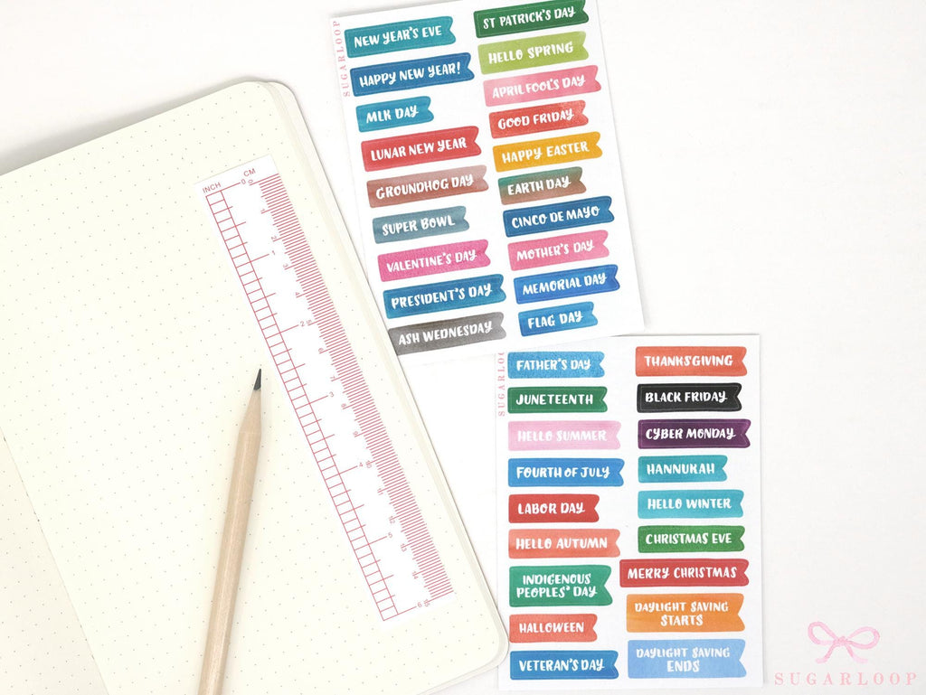 US holiday planner stickers with federal holidays, seasonal events and celebrations