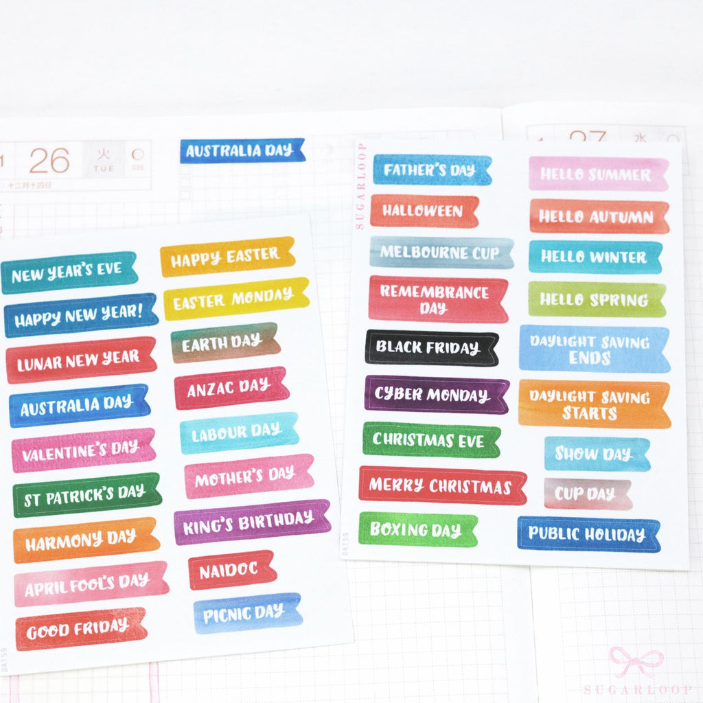 Australian public holiday planner stickers with seasonal events and celebrations