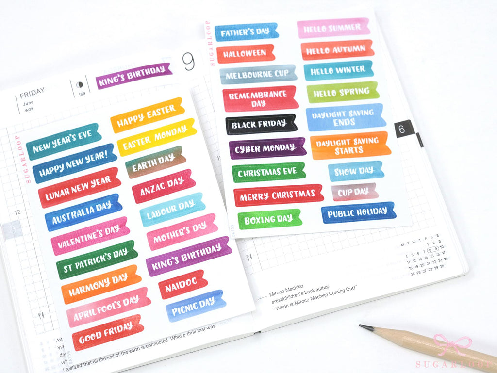 Australian public holiday planner stickers with seasonal events and celebrations