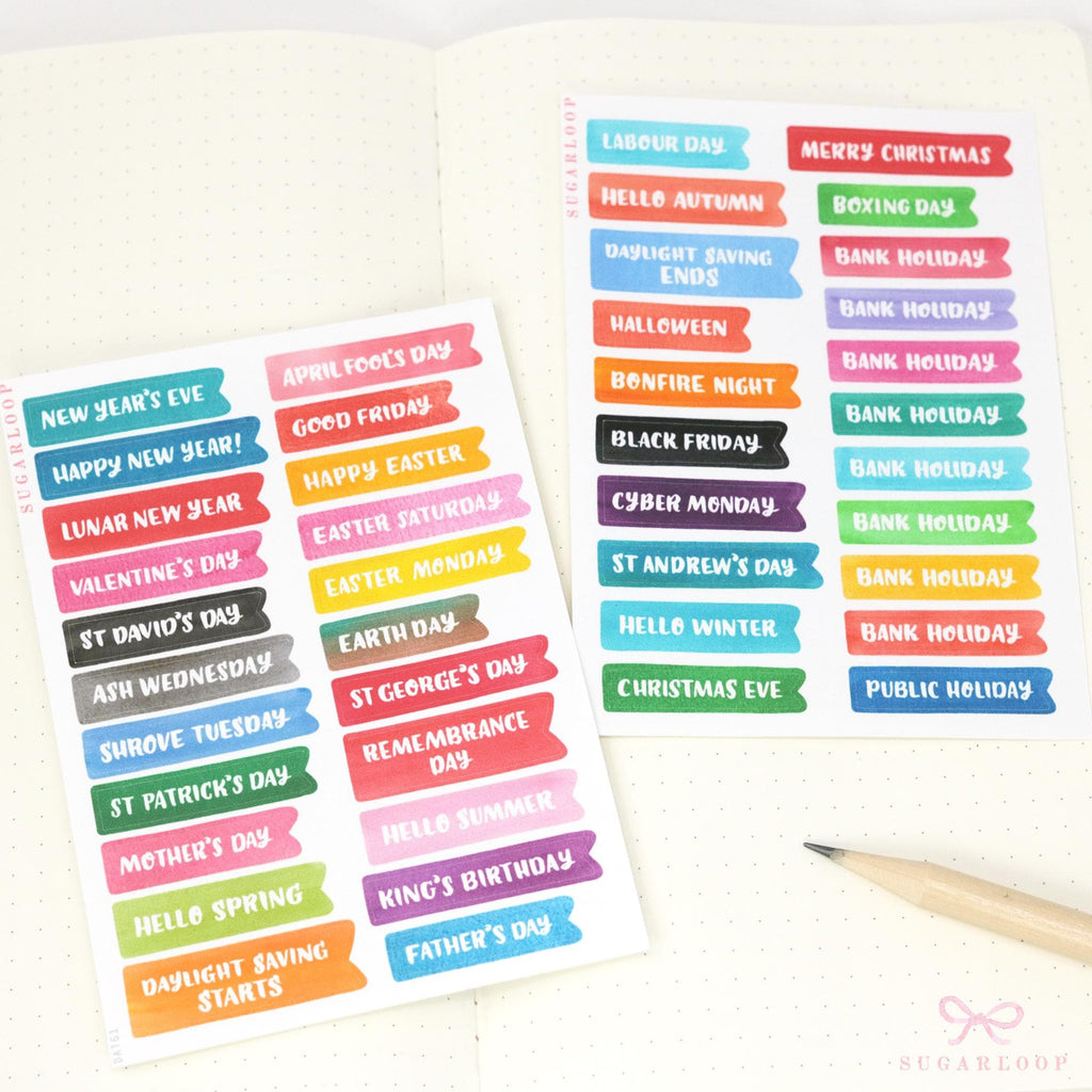 UK bank holiday planner stickers with British holidays and seasonal events