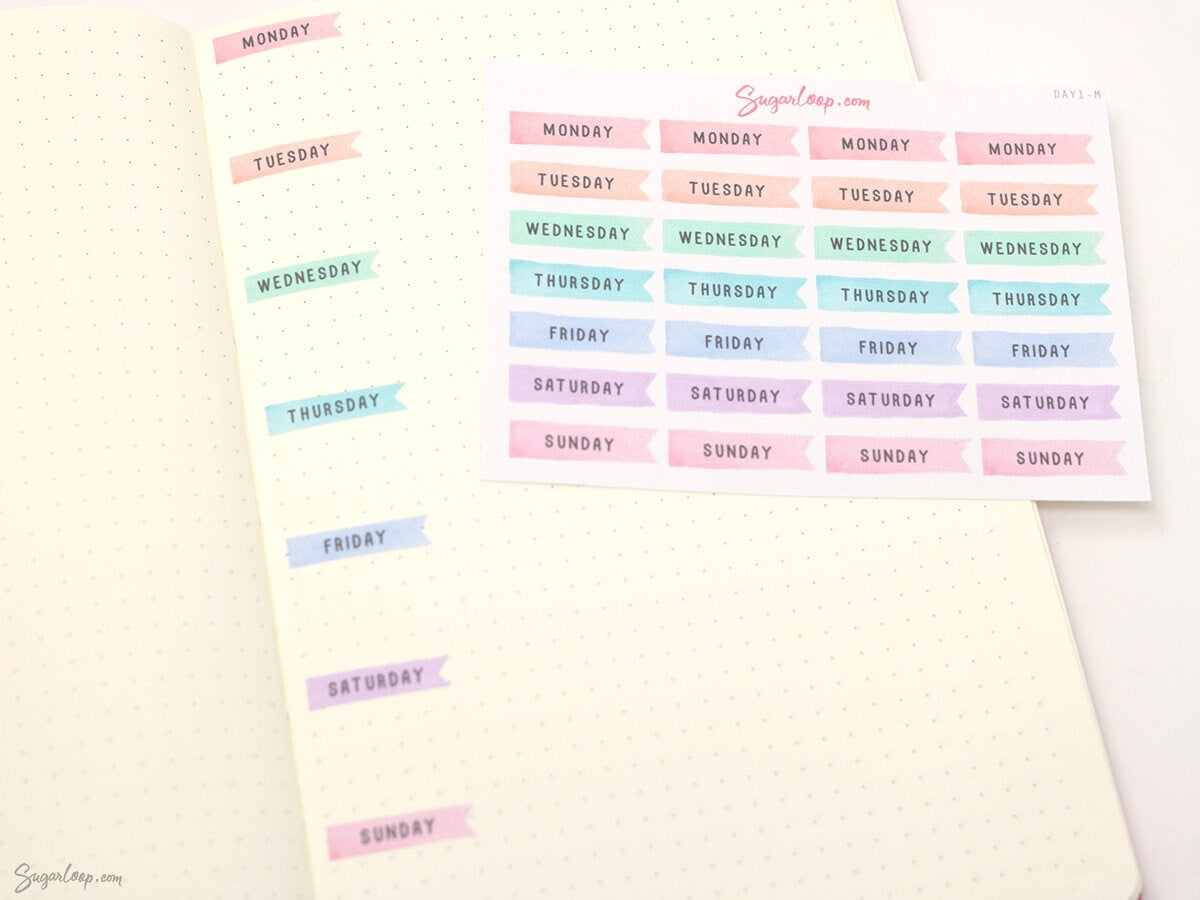 Days of The Week Flag Bujo Planner Stickers: 1 inch (24 mm)