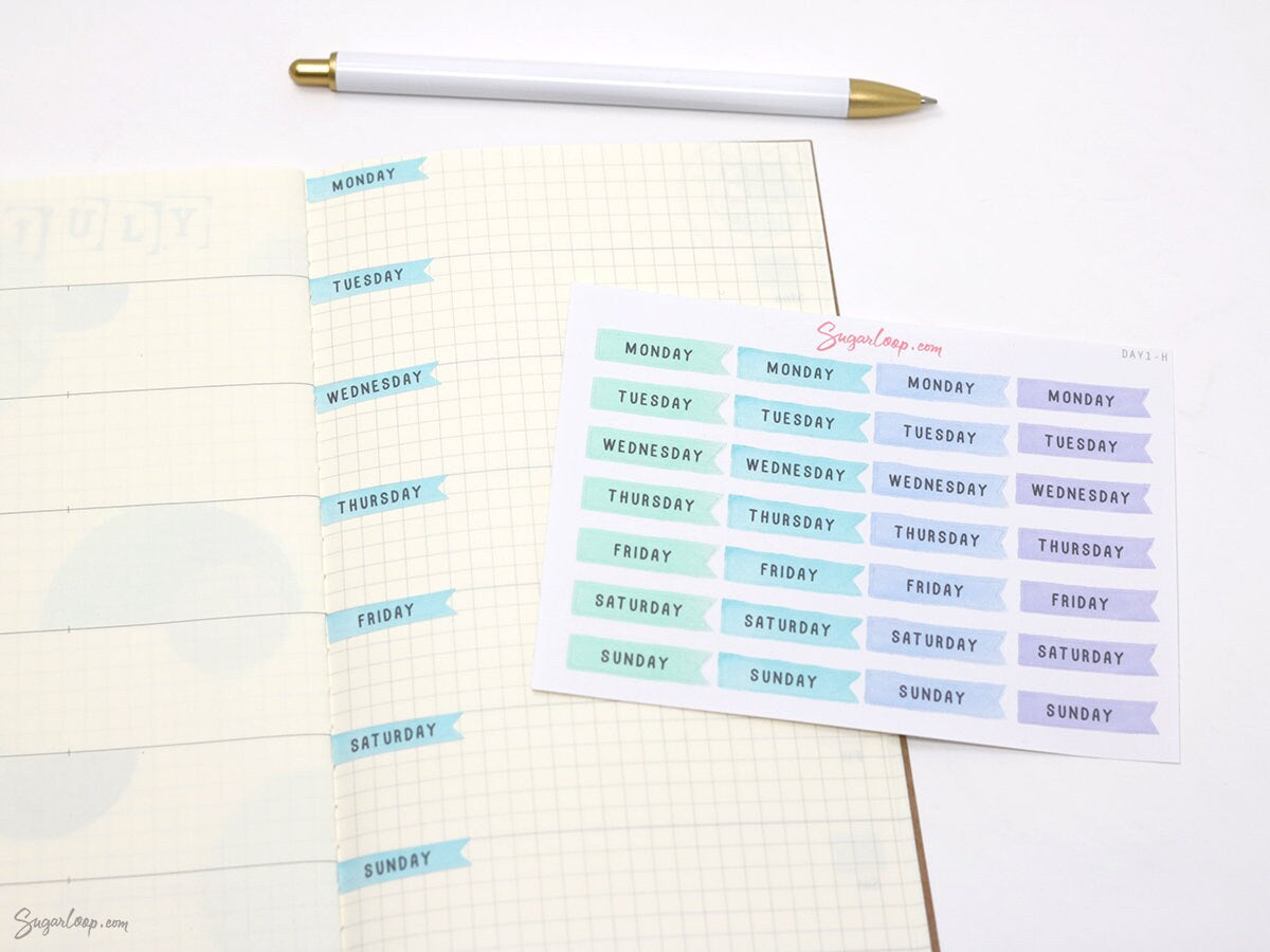 Days of The Week Flag Bujo Planner Stickers: 1 inch (24 mm)