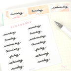 Days of The Week Black Cursive Script Bujo Planner Stickers: 1.25in (31 mm) 1.75in (45 mm) Wide