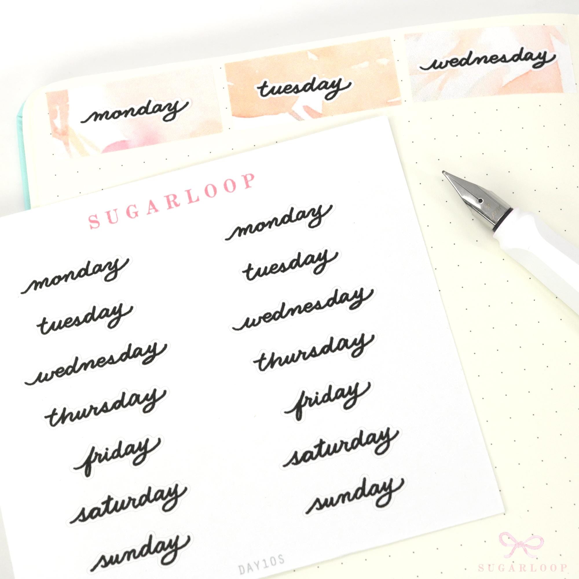 Days of The Week Black Cursive Script Bujo Planner Stickers: 1.25in (31 mm) 1.75in (45 mm) Wide