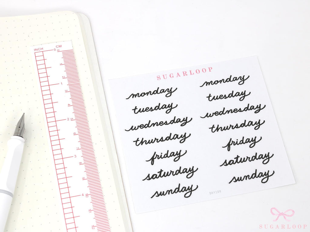 Days of The Week Black Cursive Script Bujo Planner Stickers: 1.25in (31 mm) 1.75in (45 mm) Wide