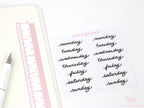 Days of The Week Black Cursive Script Bujo Planner Stickers: 1.25in (31 mm) 1.75in (45 mm) Wide