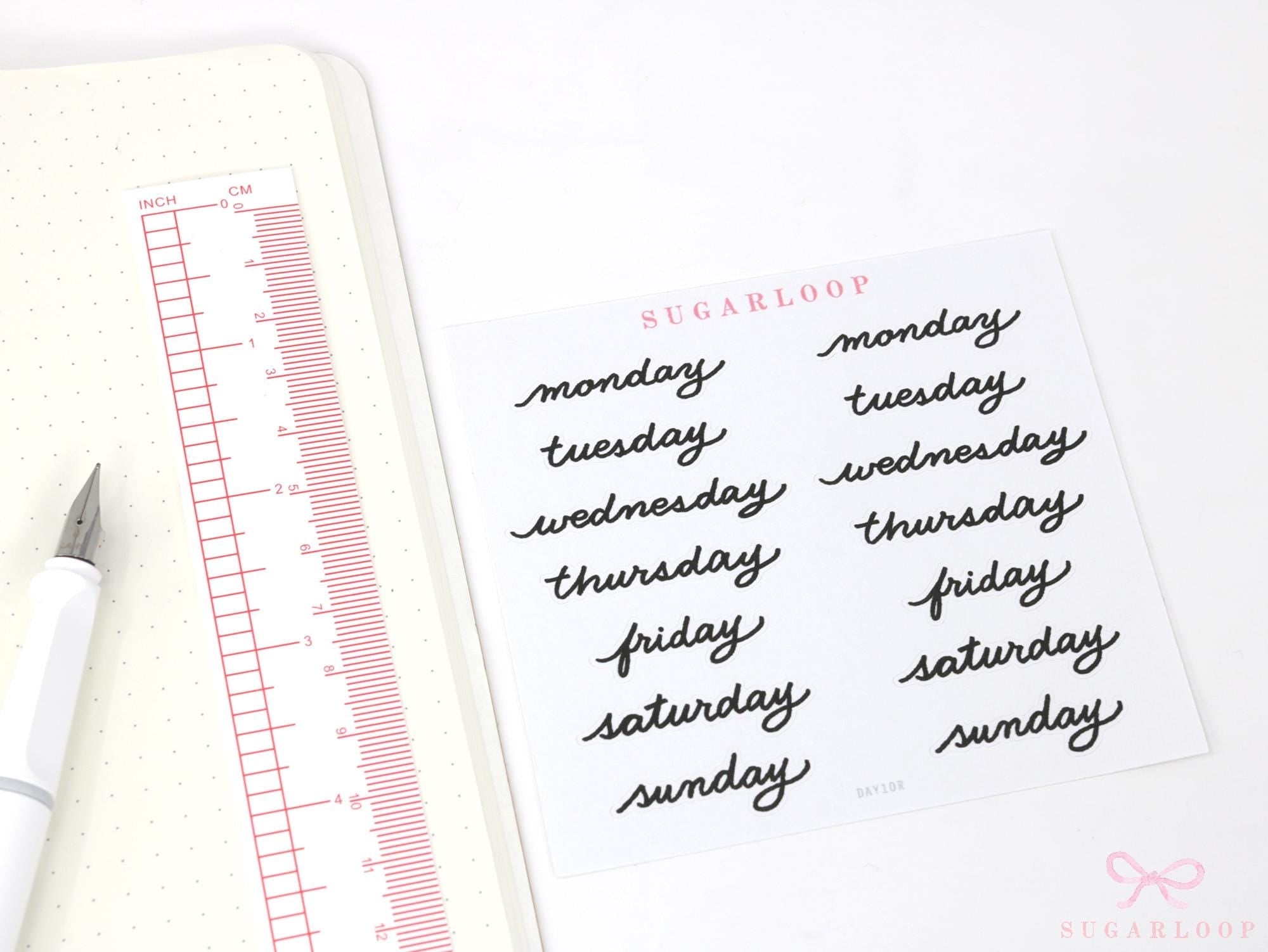 Days of The Week Black Cursive Script Bujo Planner Stickers: 1.25in (31 mm) 1.75in (45 mm) Wide