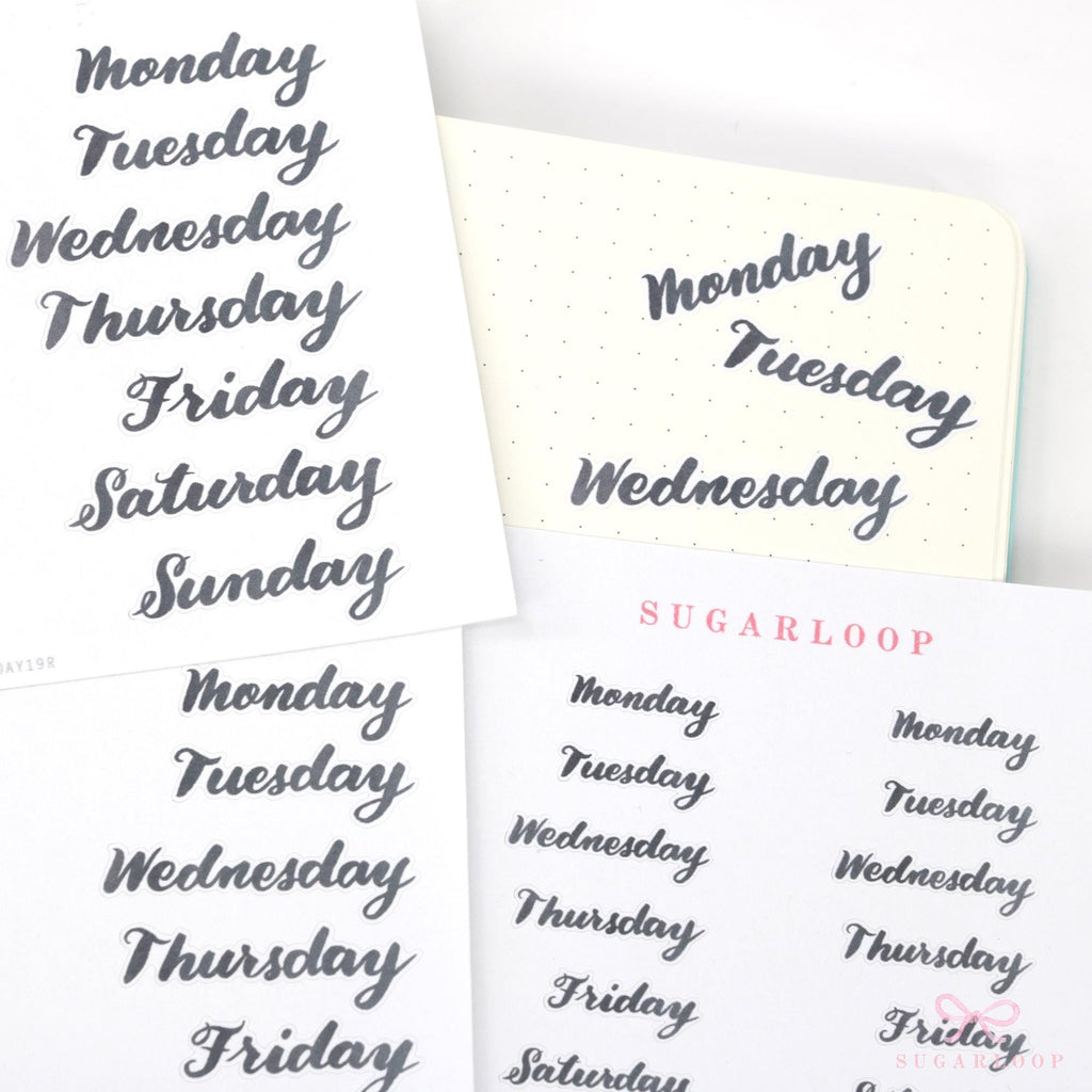 Days of The Week Ink Wash Script Journal and Planner Stickers: 1in (25 mm) 1.5in (38 mm) 1.75in (45 mm) Wide
