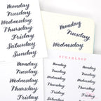 Days of The Week Ink Wash Script Journal and Planner Stickers: 1in (25 mm) 1.5in (38 mm) 1.75in (45 mm) Wide