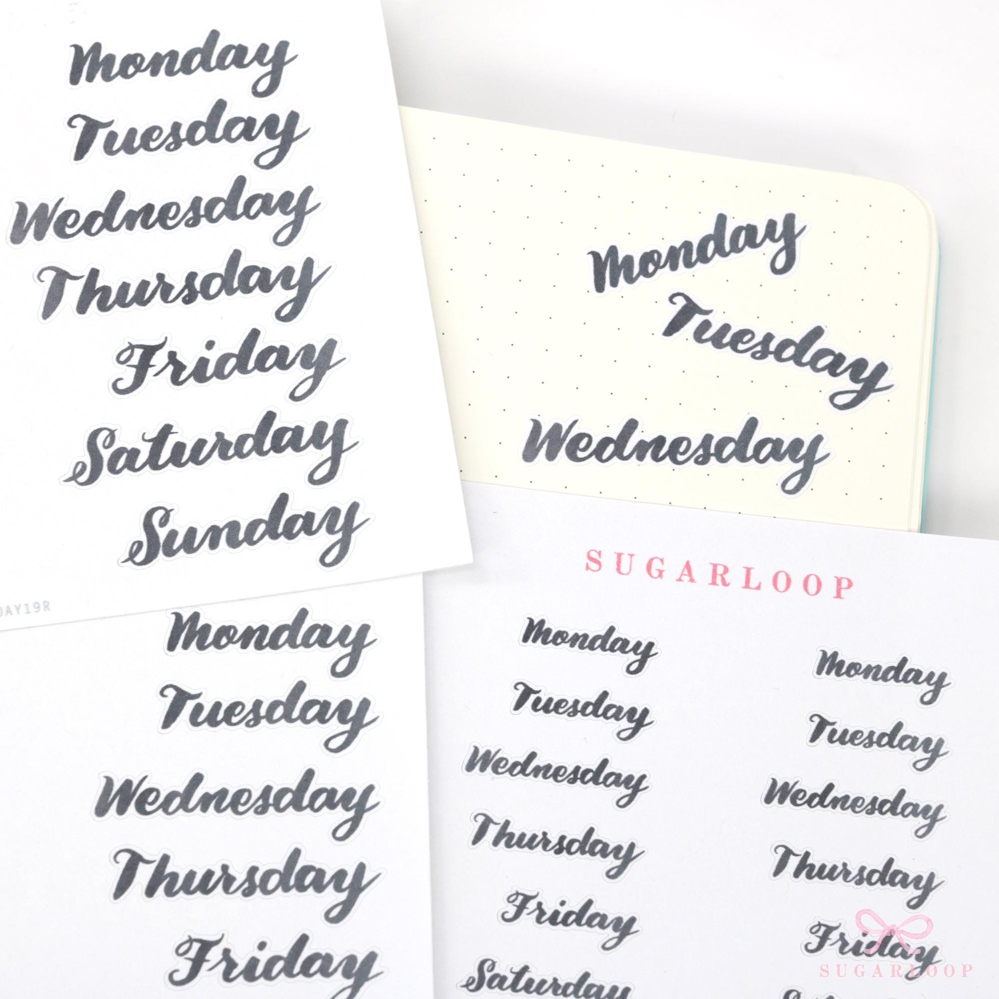 Days of The Week Ink Wash Script Journal and Planner Stickers: 1in (25 mm) 1.5in (38 mm) 1.75in (45 mm) Wide