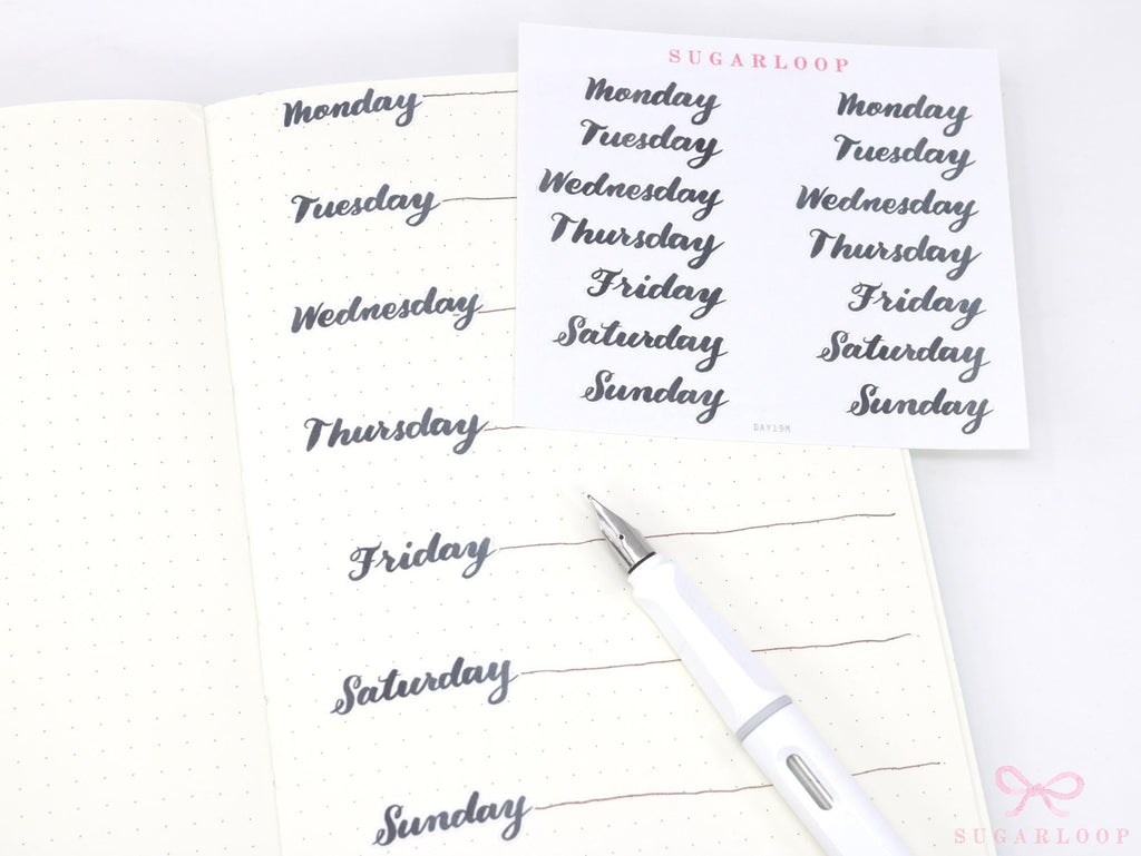 Days of The Week Ink Wash Script Journal and Planner Stickers: 1in (25 mm) 1.5in (38 mm) 1.75in (45 mm) Wide