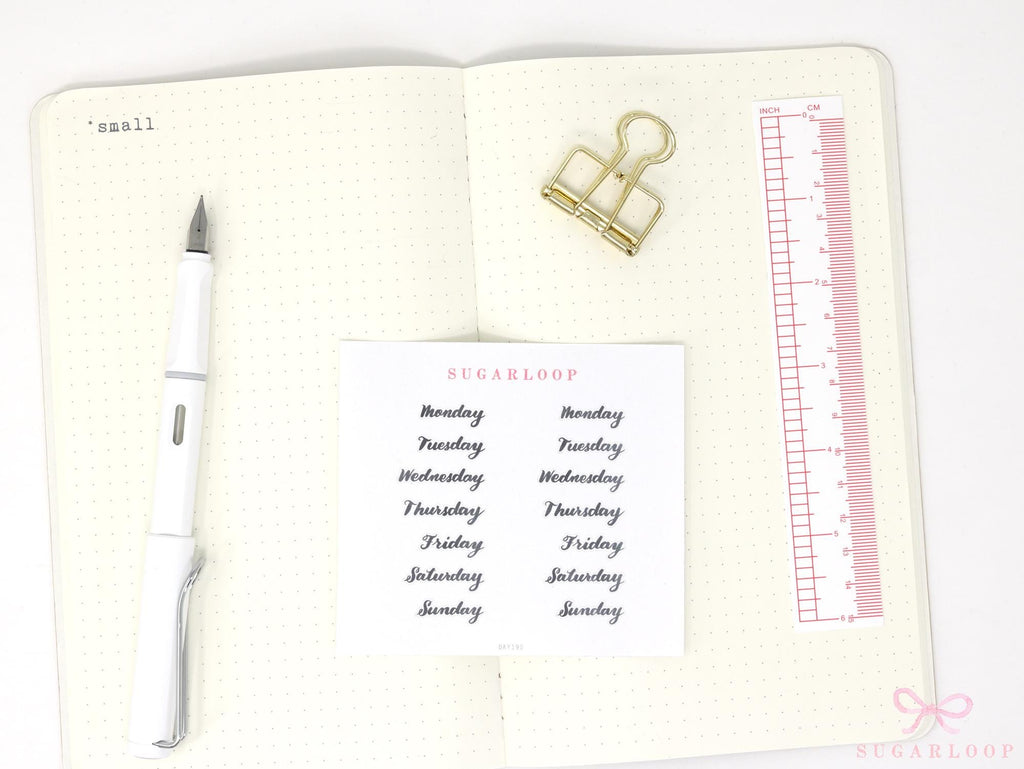 Days of The Week Ink Wash Script Journal and Planner Stickers: 1in (25 mm) 1.5in (38 mm) 1.75in (45 mm) Wide