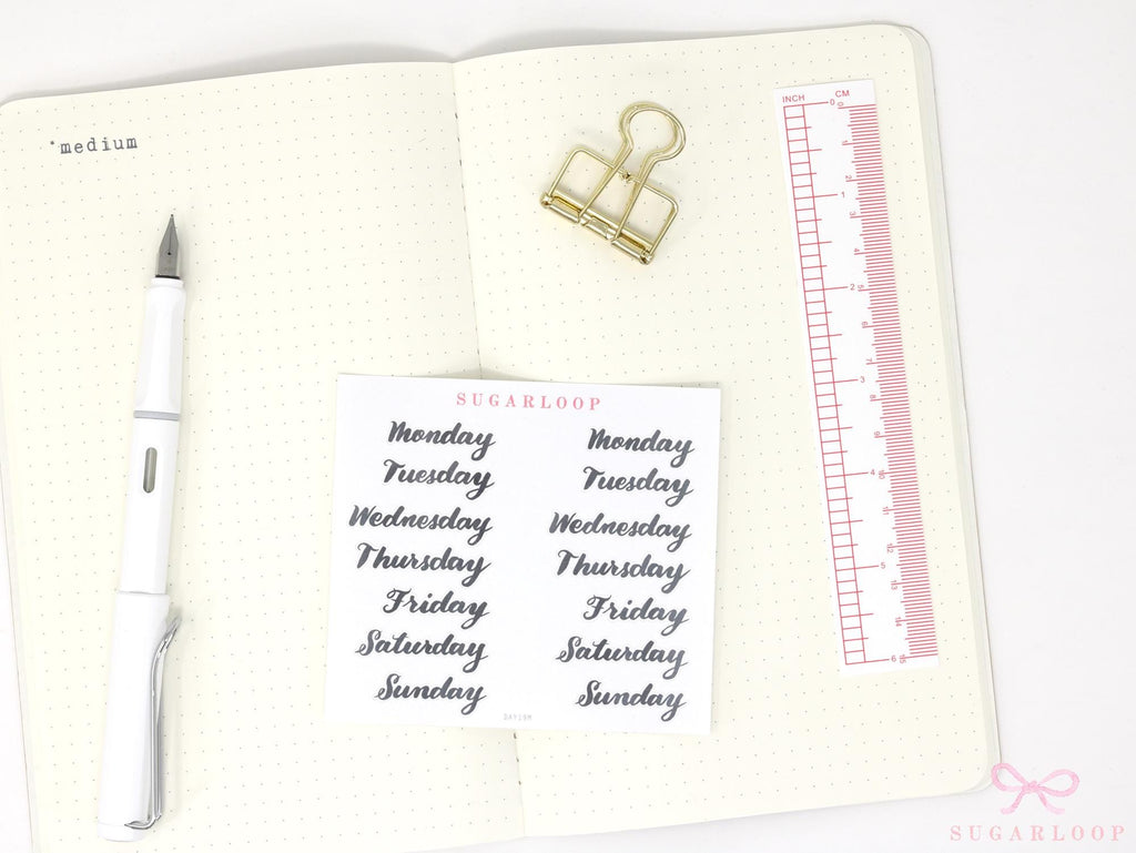 Days of The Week Ink Wash Script Journal and Planner Stickers: 1in (25 mm) 1.5in (38 mm) 1.75in (45 mm) Wide