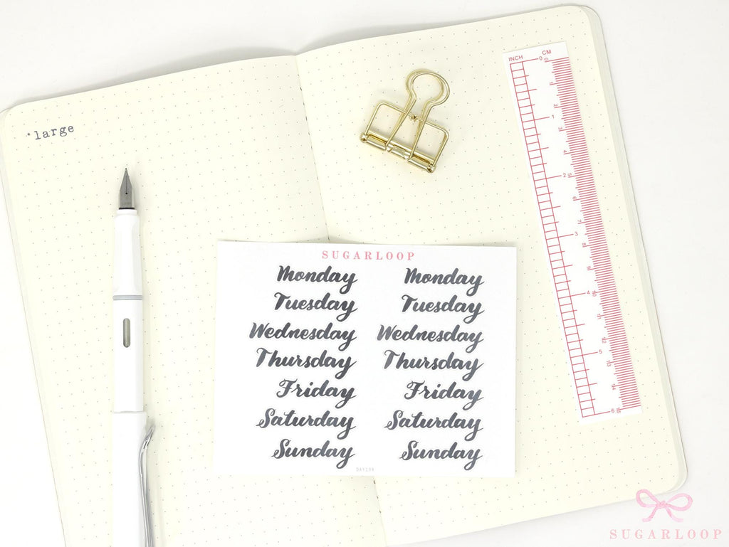 Days of The Week Ink Wash Script Journal and Planner Stickers: 1in (25 mm) 1.5in (38 mm) 1.75in (45 mm) Wide