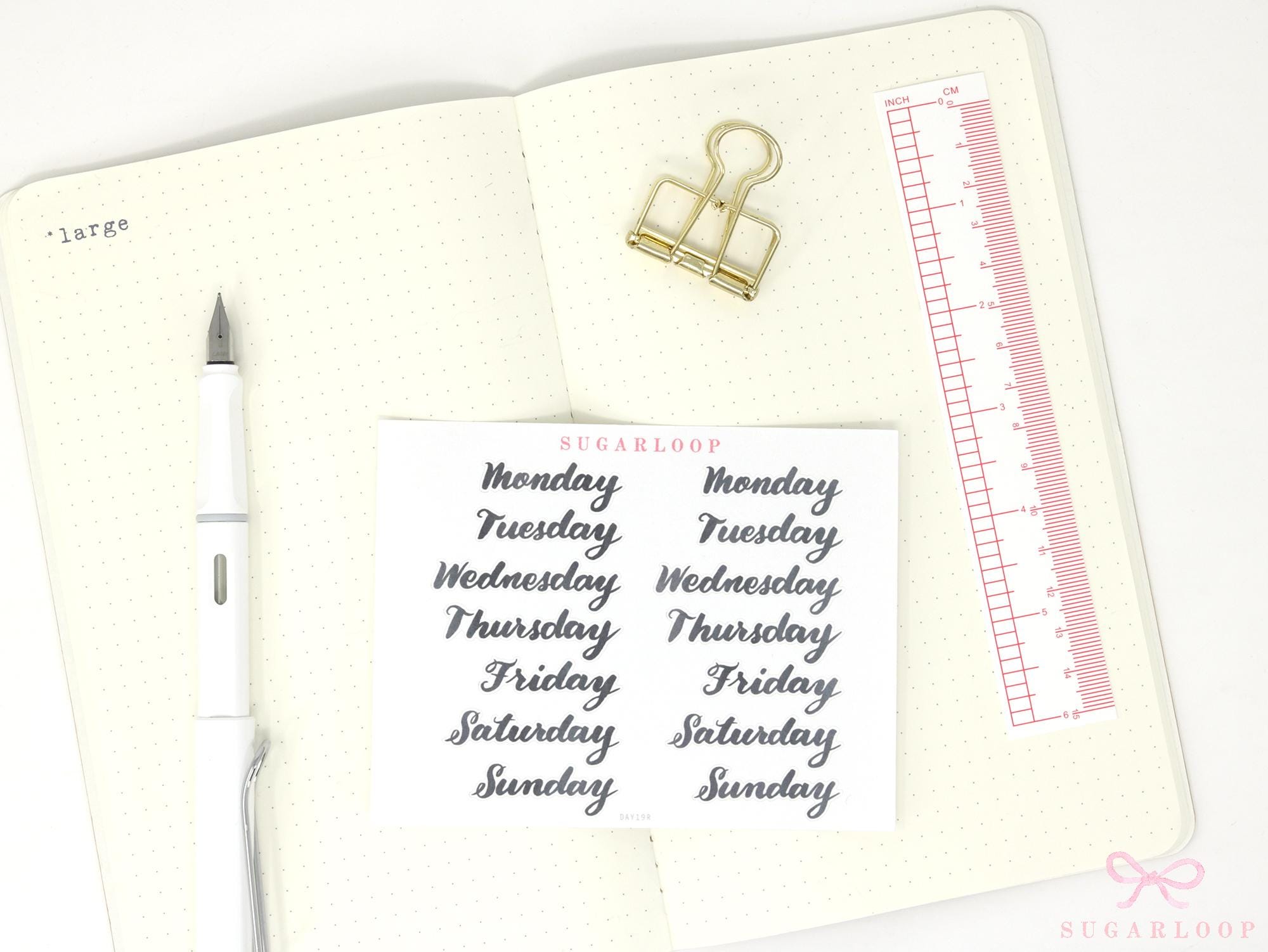 Days of The Week Ink Wash Script Journal and Planner Stickers: 1in (25 mm) 1.5in (38 mm) 1.75in (45 mm) Wide