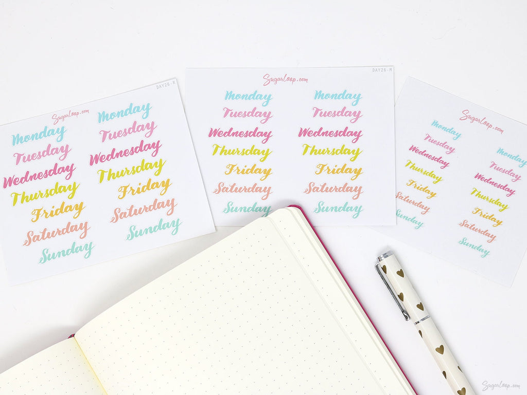 Days of The Week Script Bujo Planner Stickers: 1in (25 mm) 1.5in (38 mm) 1.75in (45 mm) wide