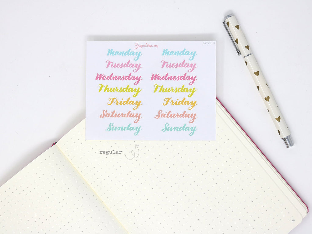 Days of The Week Script Bujo Planner Stickers: 1in (25 mm) 1.5in (38 mm) 1.75in (45 mm) wide