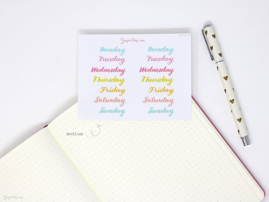 Days of The Week Script Bujo Planner Stickers: 1in (25 mm) 1.5in (38 mm) 1.75in (45 mm) wide