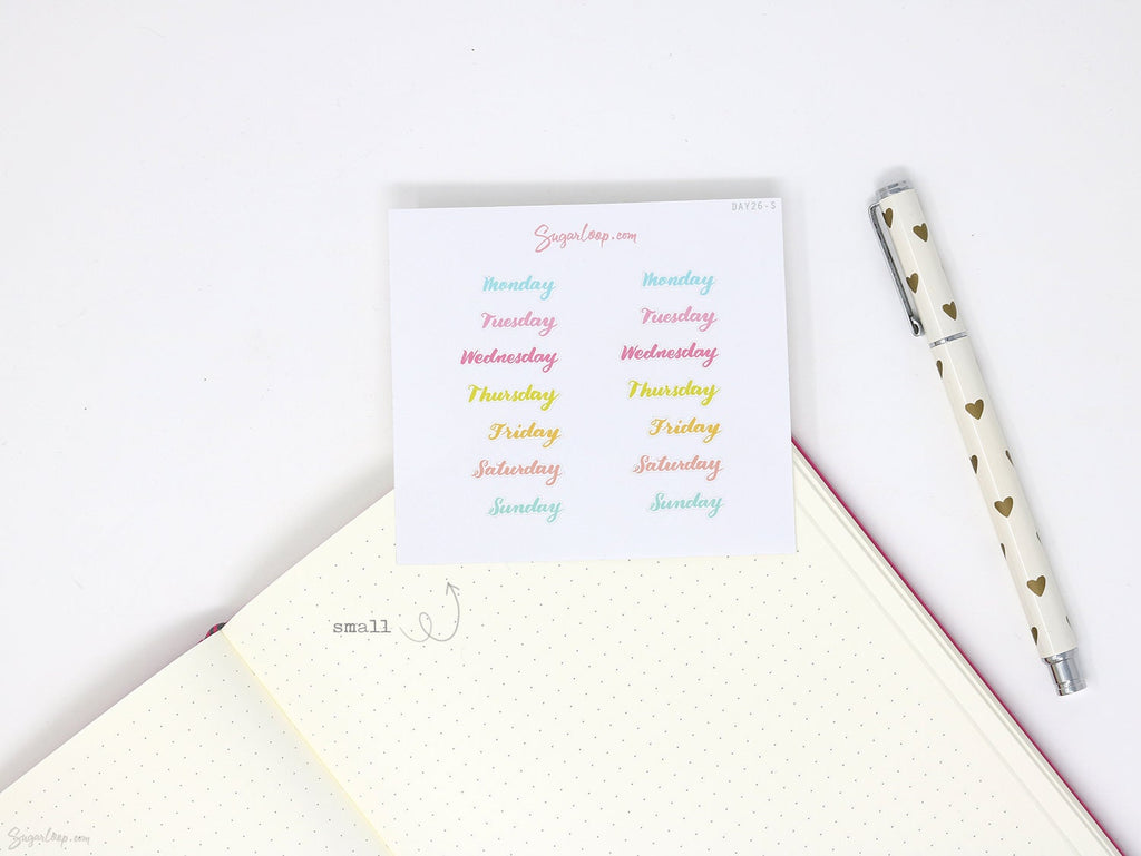 Days of The Week Script Bujo Planner Stickers: 1in (25 mm) 1.5in (38 mm) 1.75in (45 mm) wide