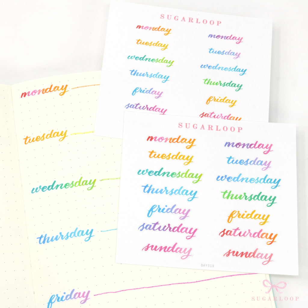 Days of the Week Watercolor Planner Stickers, 2 Sizes