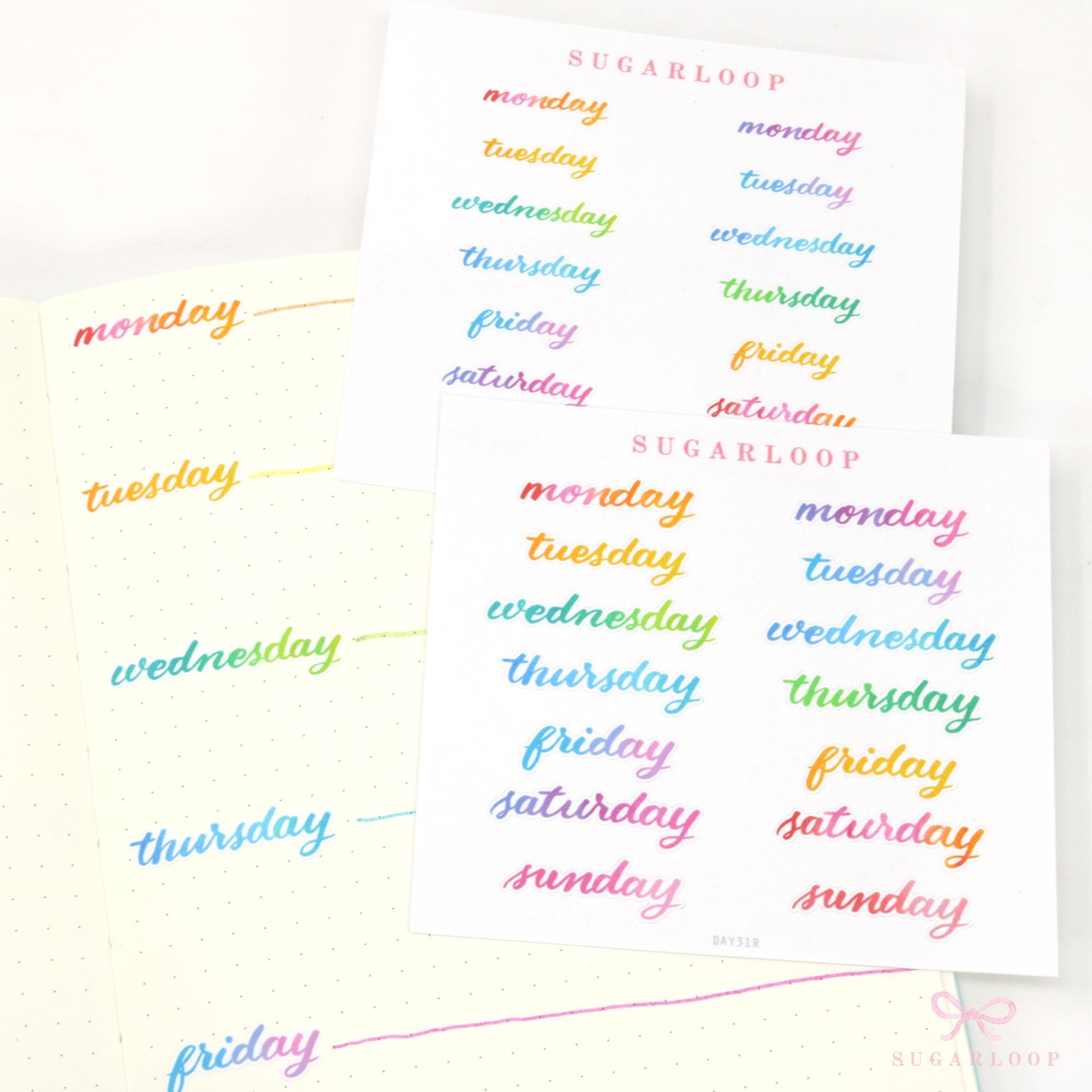 Days of The Week Watercolor Script Bujo Planner Stickers: 1in (25 mm) 1.5in (38 mm) Wide