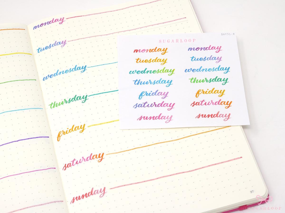 Days of The Week Watercolor Script Bujo Planner Stickers: 1in (25 mm) 1.5in (38 mm) Wide