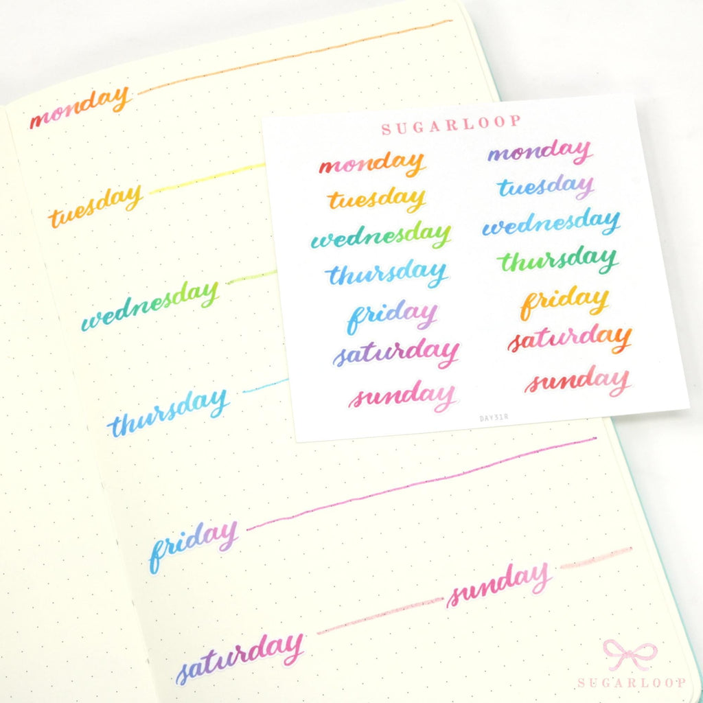 Days of the Week Watercolor Planner Stickers, 2 Sizes