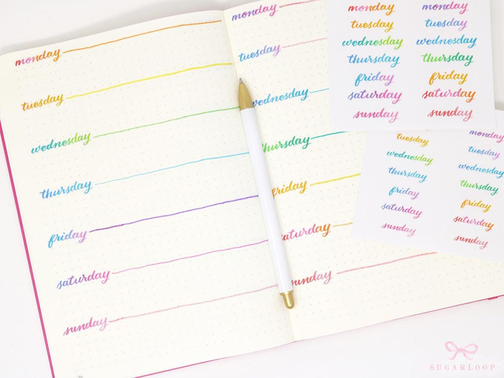 Days of the Week Watercolor Planner Stickers, 2 Sizes