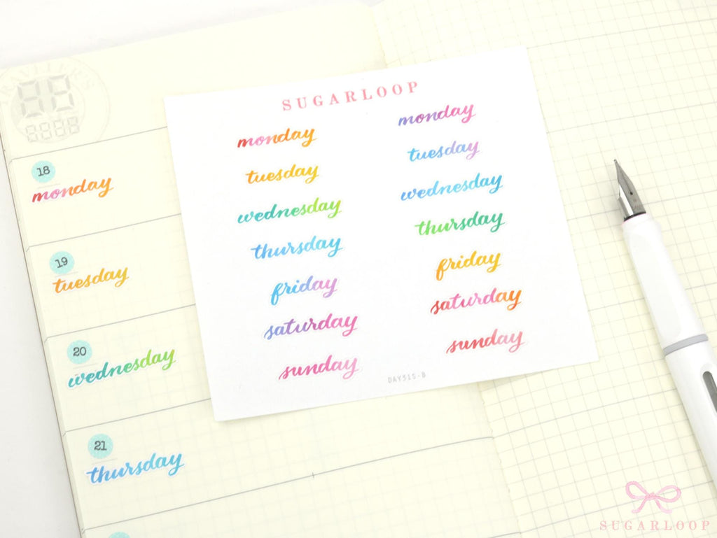Days of the Week Watercolor Planner Stickers, 2 Sizes